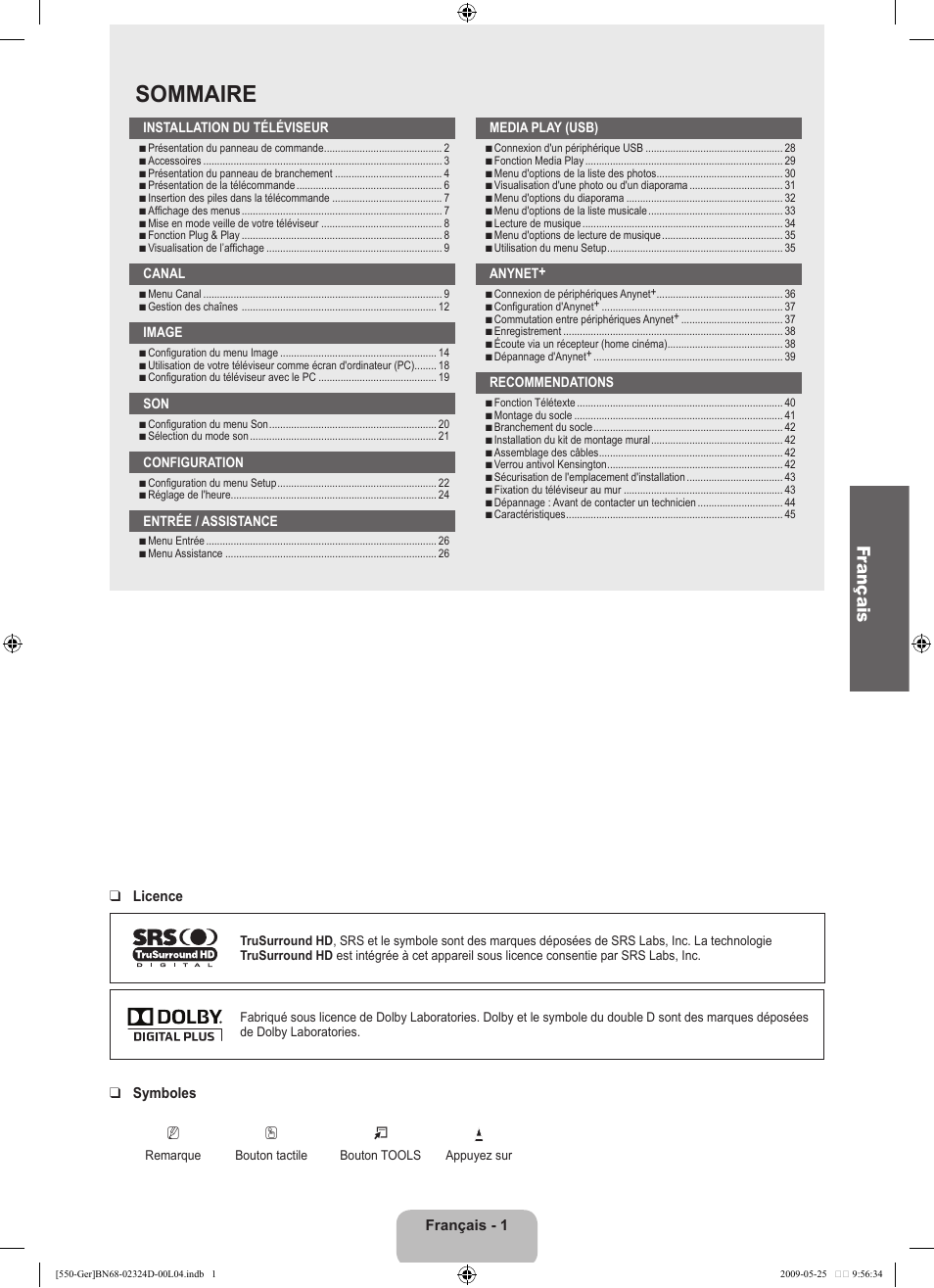 Sommaire, Fr ançais | Samsung LE32B553M3P User Manual | Page 109 / 206