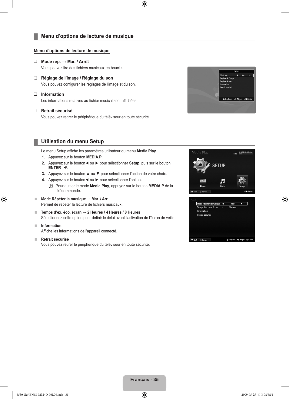 Menu d'options de lecture de musique, Utilisation du menu setup, Setup | Français - 35, Réglage de l'image / réglage du son, Information, Retrait sécurisé | Samsung LE32B553M3P User Manual | Page 143 / 206