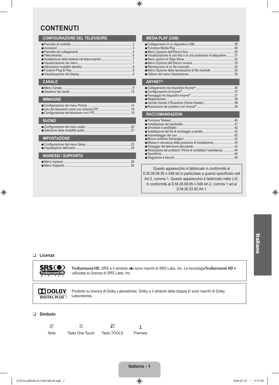 Contenuti, Italiano | Samsung LE32B553M3P User Manual | Page 155 / 206