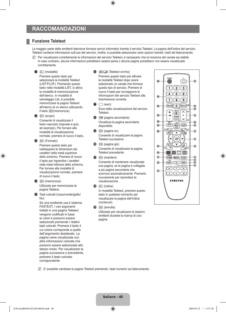 Raccomandazioni, Funzione teletext | Samsung LE32B553M3P User Manual | Page 194 / 206