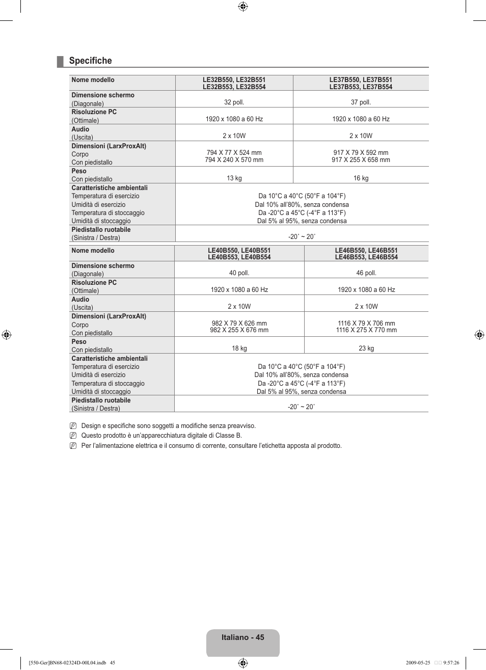 Specifiche | Samsung LE32B553M3P User Manual | Page 199 / 206