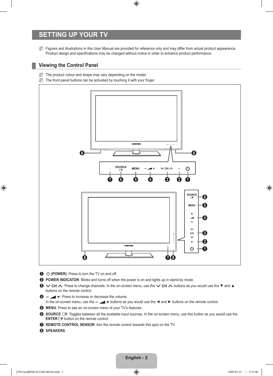 Seting up your tv, Viewing the control panel, Setting up your tv | Samsung LE32B553M3P User Manual | Page 4 / 206