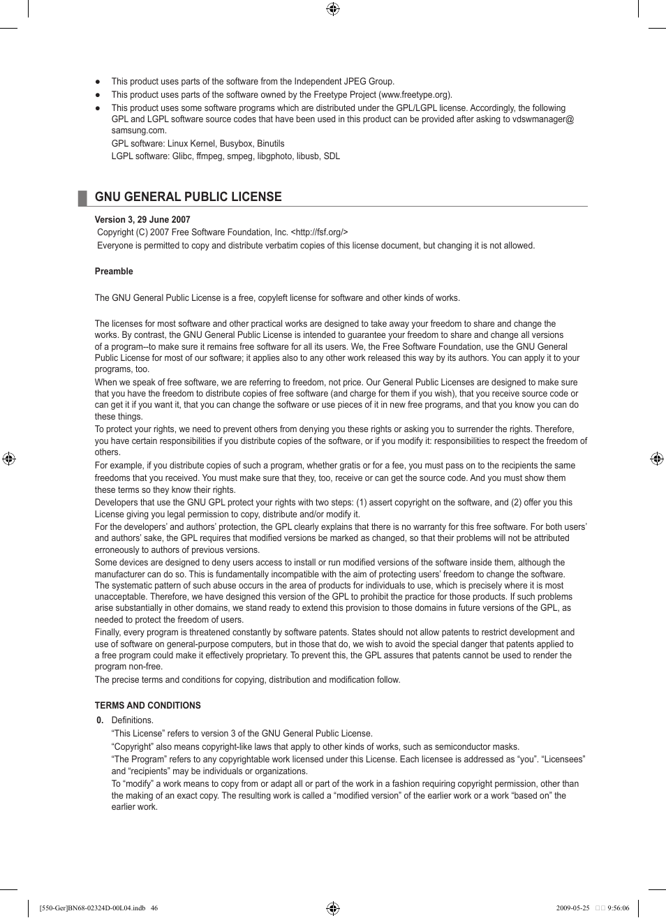 Gnu general public license | Samsung LE32B553M3P User Manual | Page 48 / 206