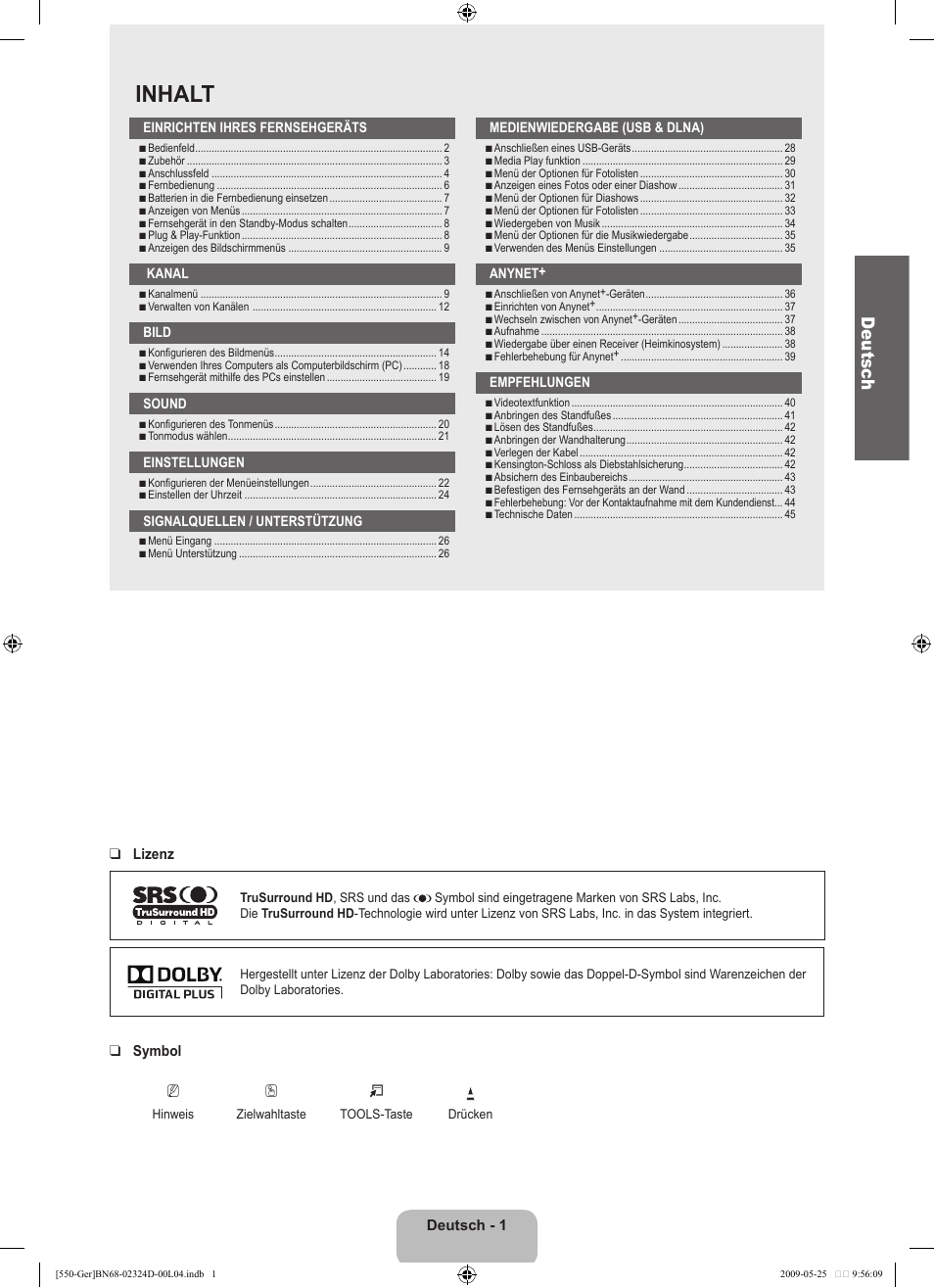 Inhalt, Deutsc h | Samsung LE32B553M3P User Manual | Page 63 / 206