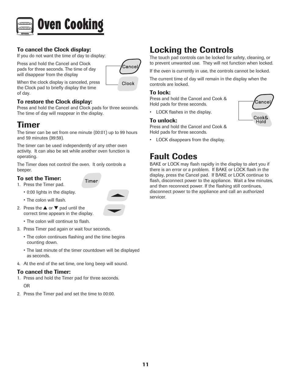 Oven cooking, Timer, Locking the controls | Fault codes | Amana 8113P515-60 User Manual | Page 12 / 88