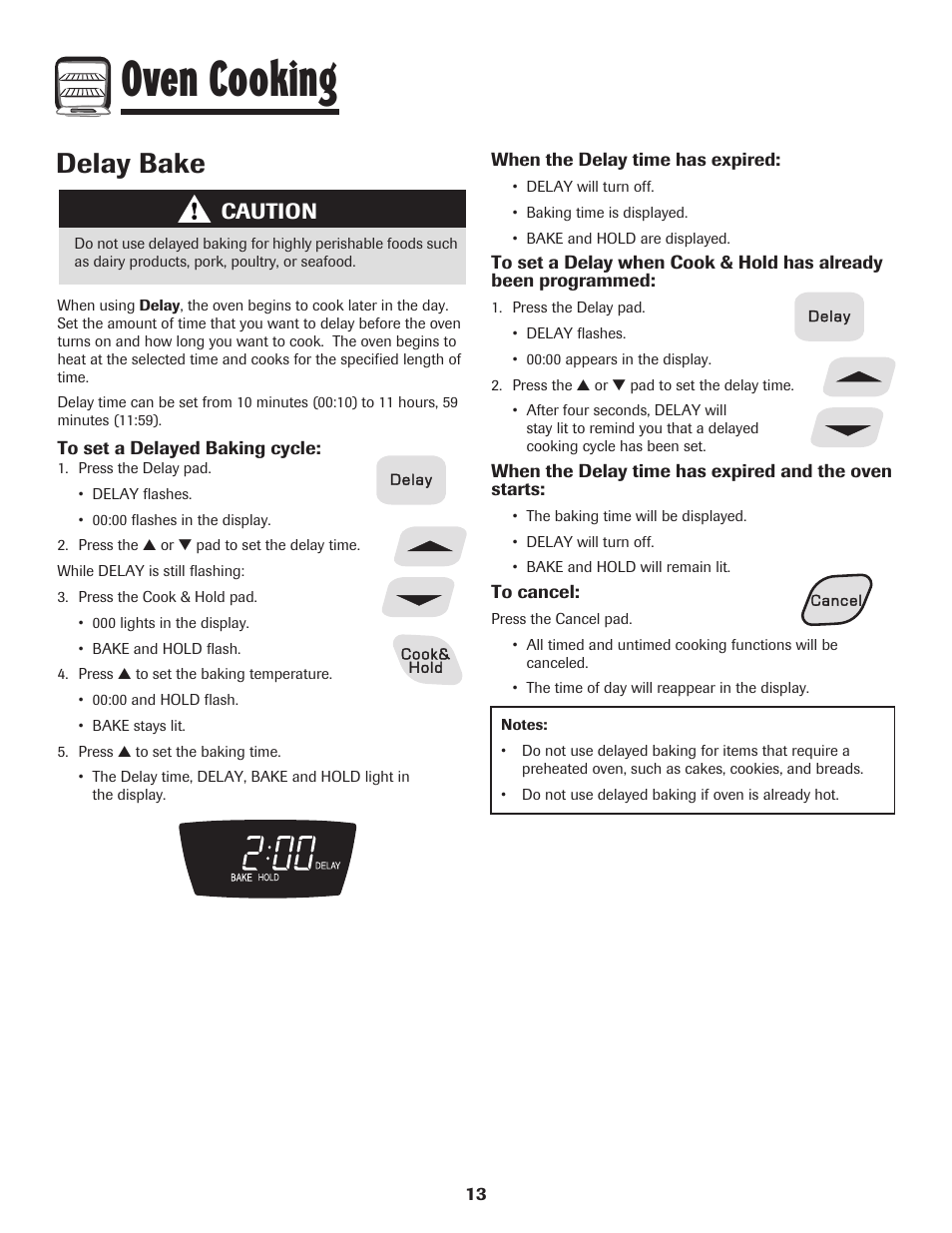 Oven cooking, Delay bake, Caution | Amana 8113P515-60 User Manual | Page 14 / 88