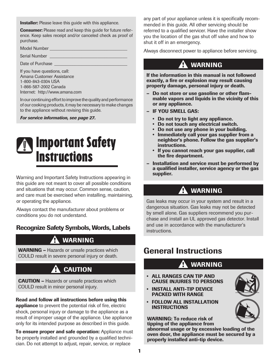 Important safety instructions, General instructions | Amana 8113P515-60 User Manual | Page 2 / 88