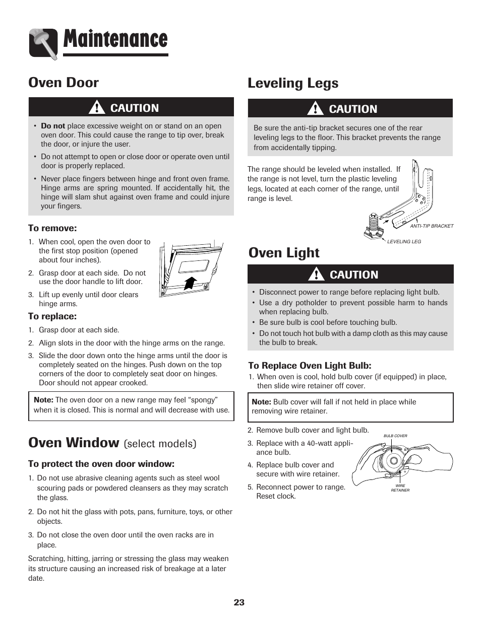 Maintenance, Oven window, Leveling legs | Oven door, Oven light, Select models), Caution | Amana 8113P515-60 User Manual | Page 24 / 88