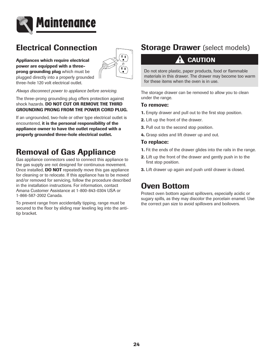 Maintenance, Storage drawer, Oven bottom | Removal of gas appliance, Electrical connection, Select models) | Amana 8113P515-60 User Manual | Page 25 / 88