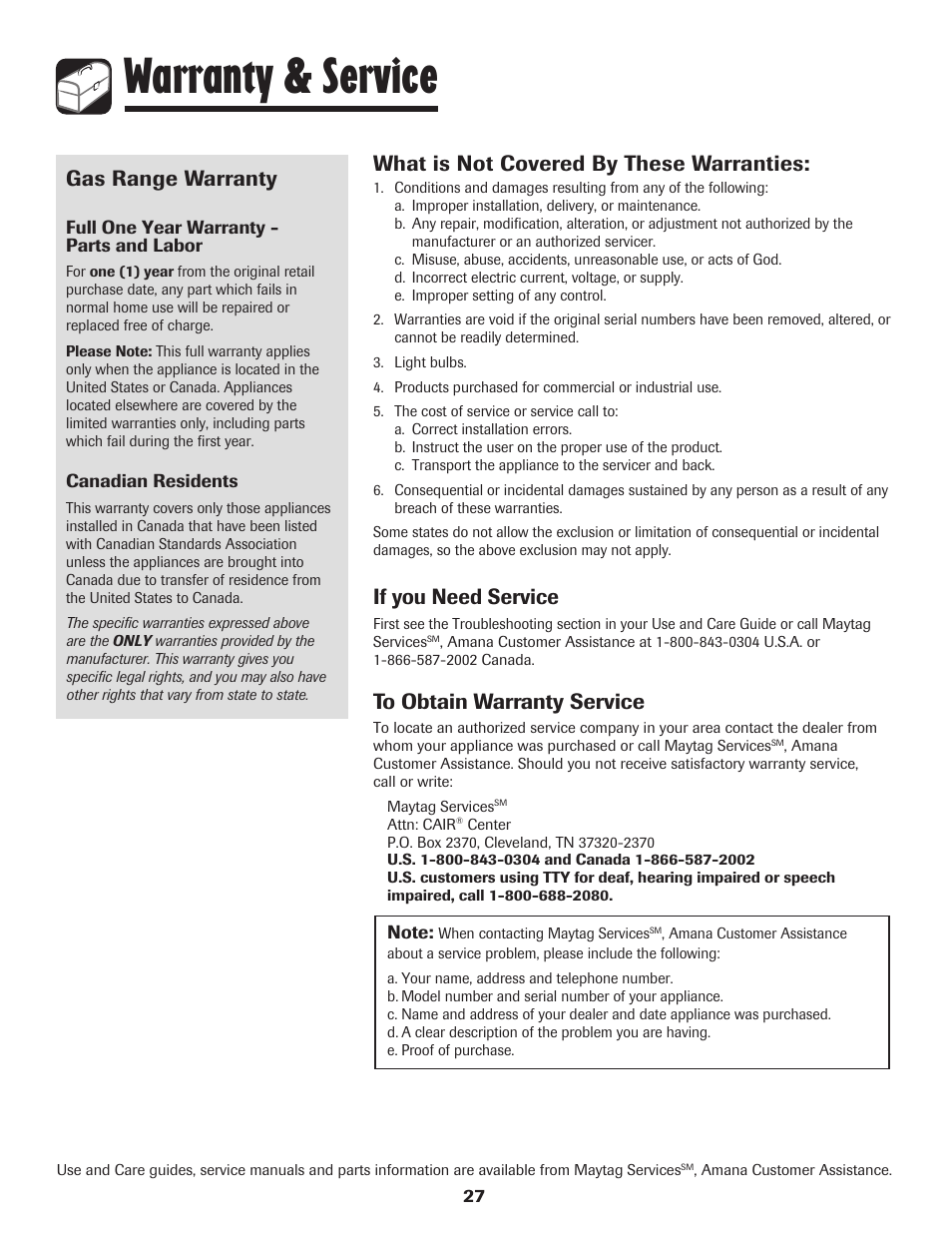 Warranty & service, Gas range warranty, What is not covered by these warranties | If you need service | Amana 8113P515-60 User Manual | Page 28 / 88
