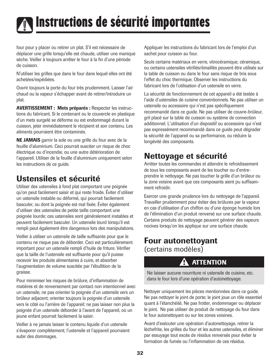 Instructions de sécurité importantes, Ustensiles et sécurité, Nettoyage et sécurité | Four autonettoyant, Certains modèles) | Amana 8113P515-60 User Manual | Page 33 / 88