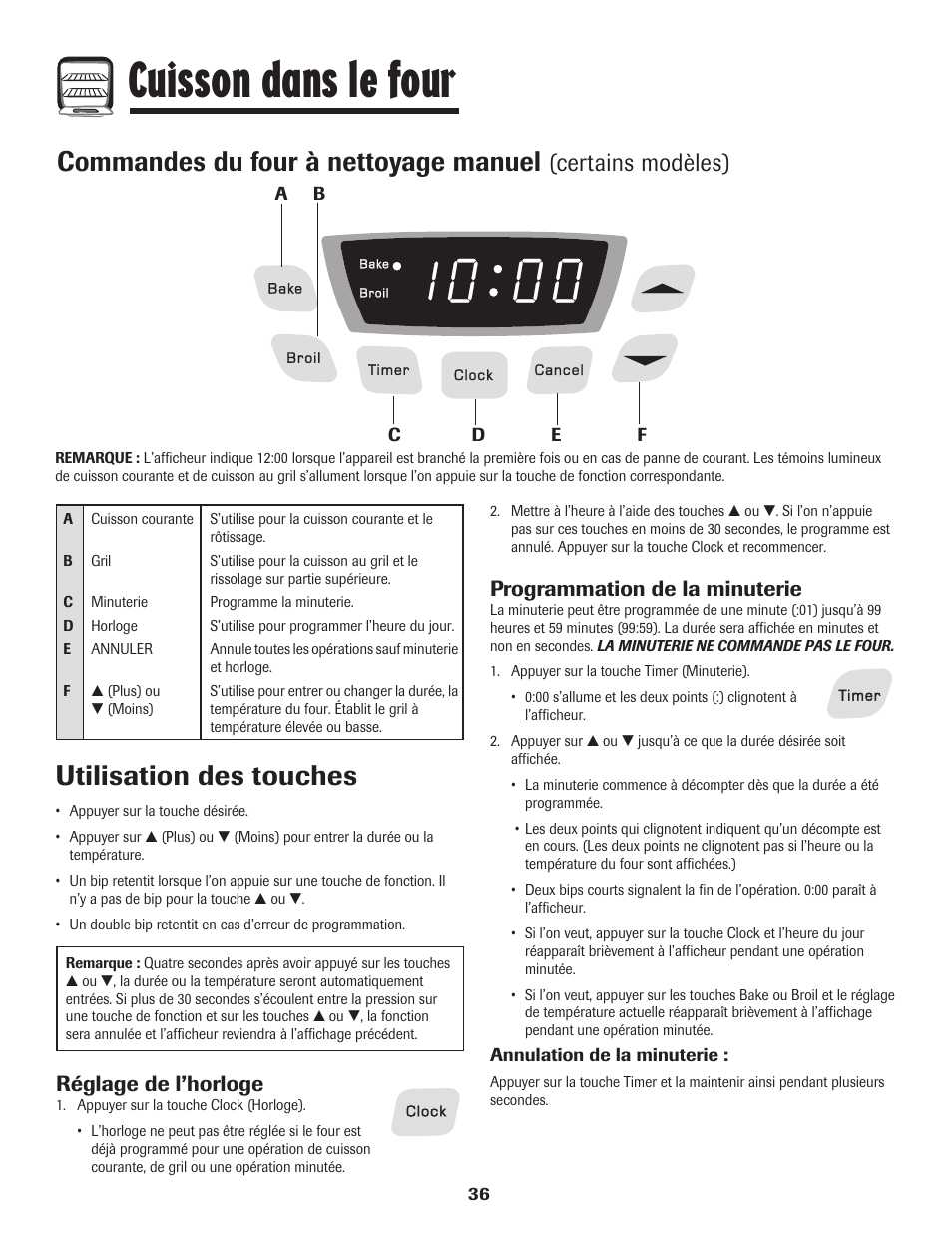 Cuisson dans le four, Commandes du four à nettoyage manuel, Utilisation des touches | Certains modèles), Réglage de l’horloge, Programmation de la minuterie | Amana 8113P515-60 User Manual | Page 37 / 88