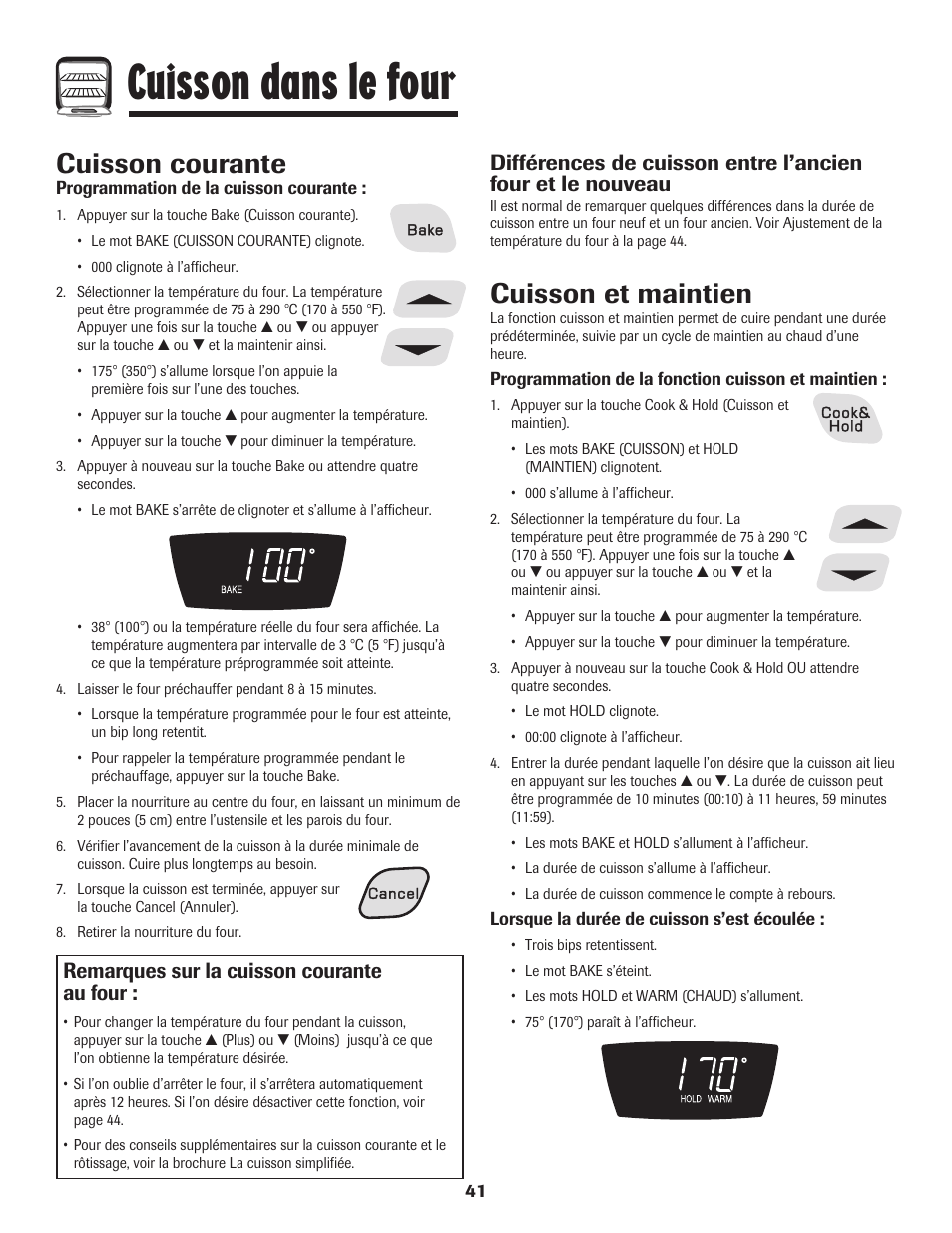 Cuisson dans le four, Cuisson et maintien, Cuisson courante | Remarques sur la cuisson courante au four | Amana 8113P515-60 User Manual | Page 42 / 88