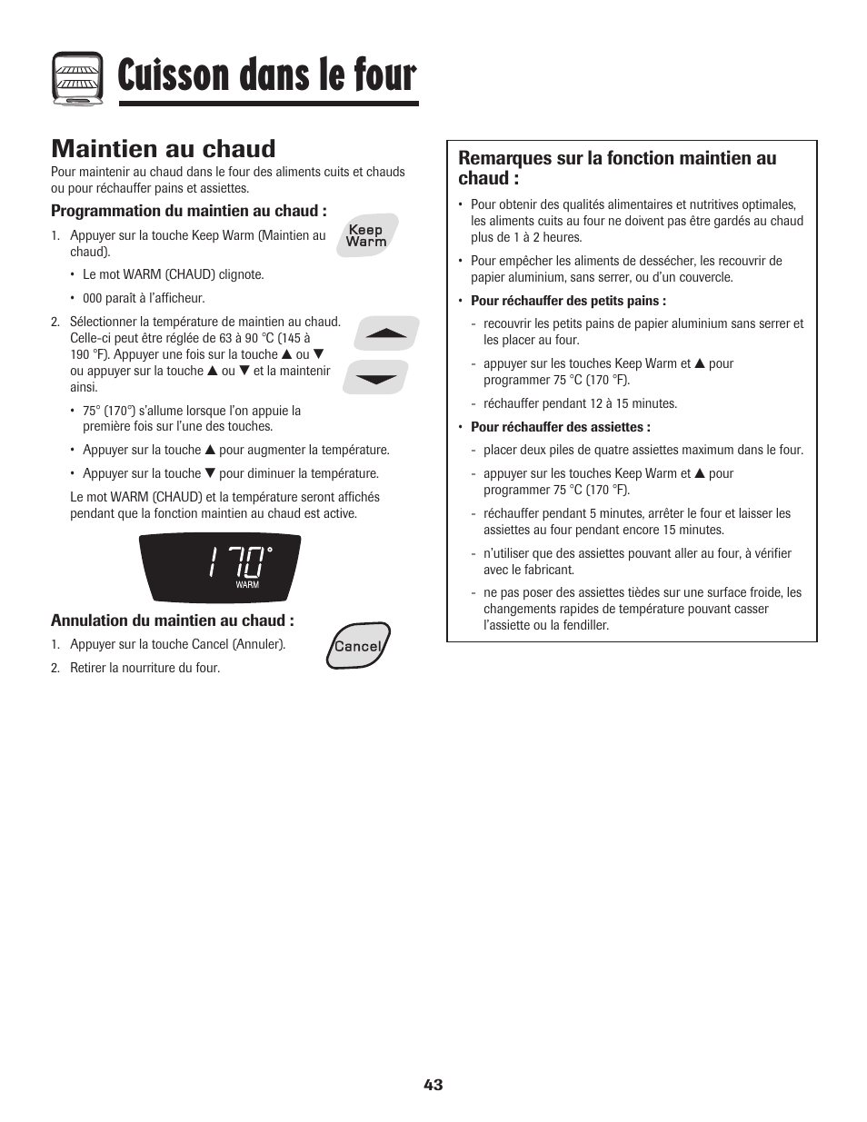 Cuisson dans le four, Maintien au chaud, Remarques sur la fonction maintien au chaud | Amana 8113P515-60 User Manual | Page 44 / 88