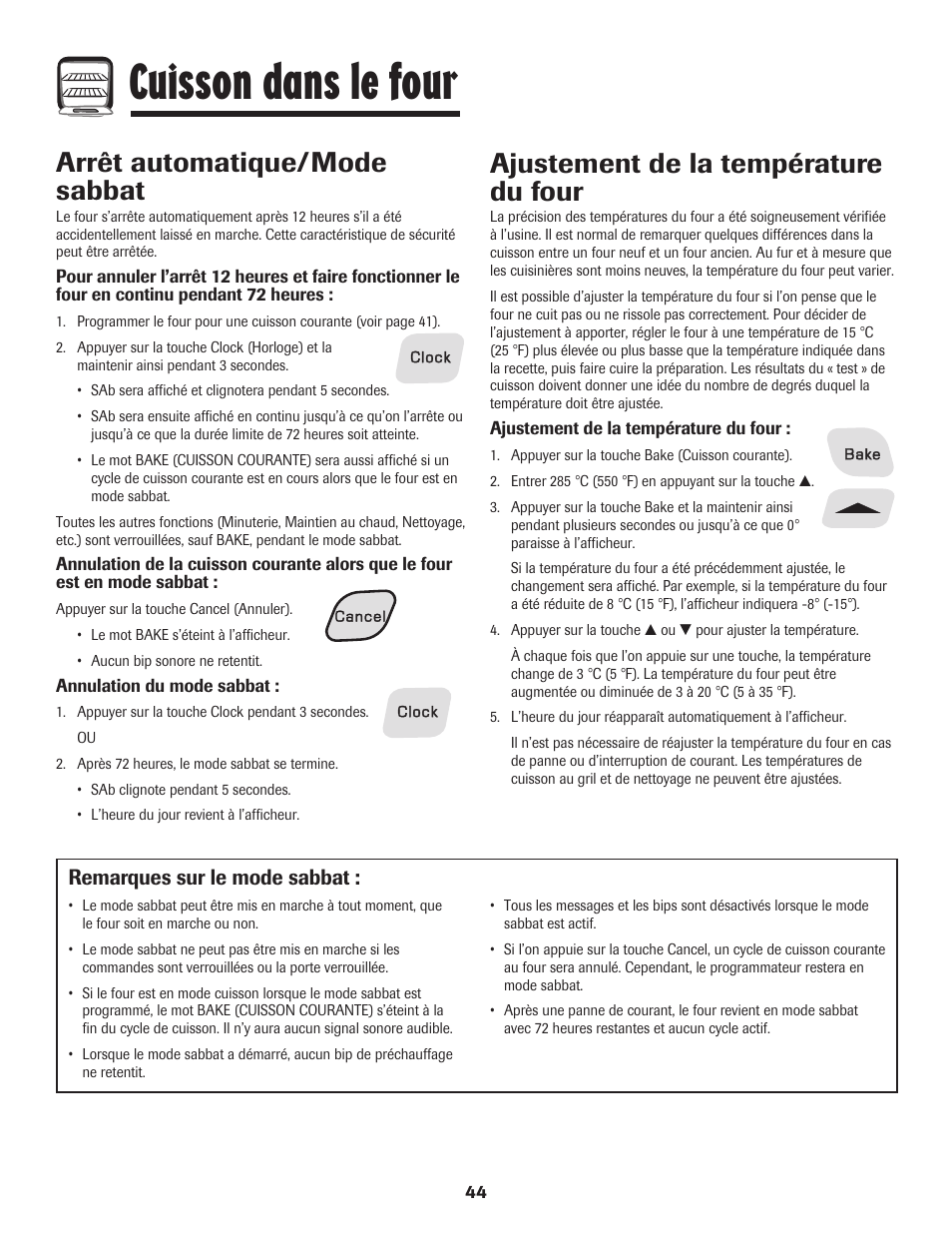 Cuisson dans le four, Arrêt automatique/mode sabbat, Ajustement de la température du four | Remarques sur le mode sabbat | Amana 8113P515-60 User Manual | Page 45 / 88