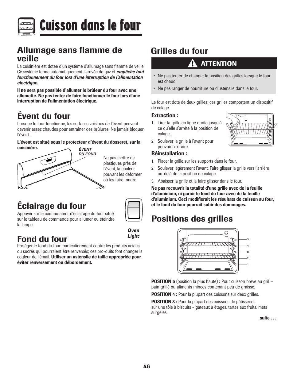 Cuisson dans le four, Éclairage du four, Fond du four | Allumage sans flamme de veille, Évent du four, Grilles du four, Positions des grilles | Amana 8113P515-60 User Manual | Page 47 / 88