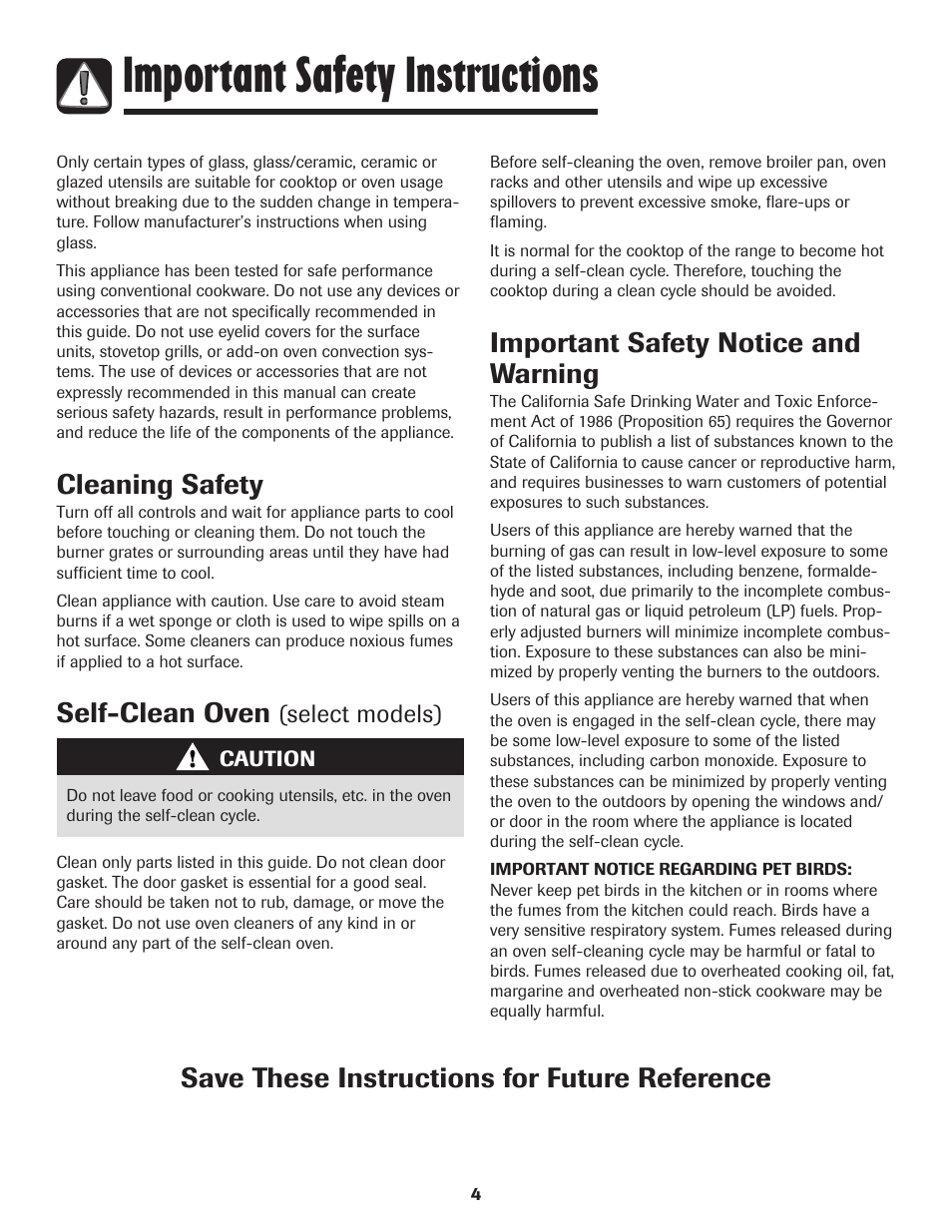 Important safety instructions, Cleaning safety, Self-clean oven | Important safety notice and warning, Save these instructions for future reference | Amana 8113P515-60 User Manual | Page 5 / 88