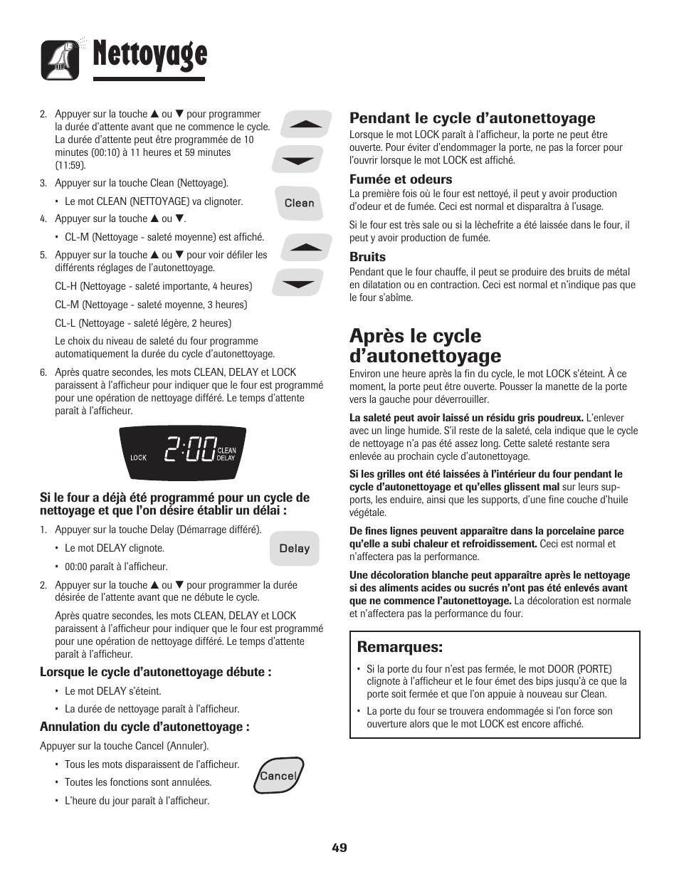 Nettoyage, Après le cycle d’autonettoyage, Remarques | Pendant le cycle d’autonettoyage | Amana 8113P515-60 User Manual | Page 50 / 88