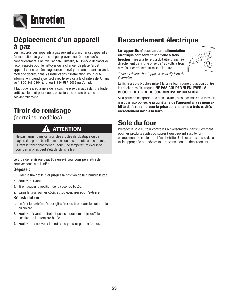 Entretien, Tiroir de remisage, Déplacement d’un appareil à gaz | Raccordement électrique, Sole du four, Certains modèles) | Amana 8113P515-60 User Manual | Page 54 / 88