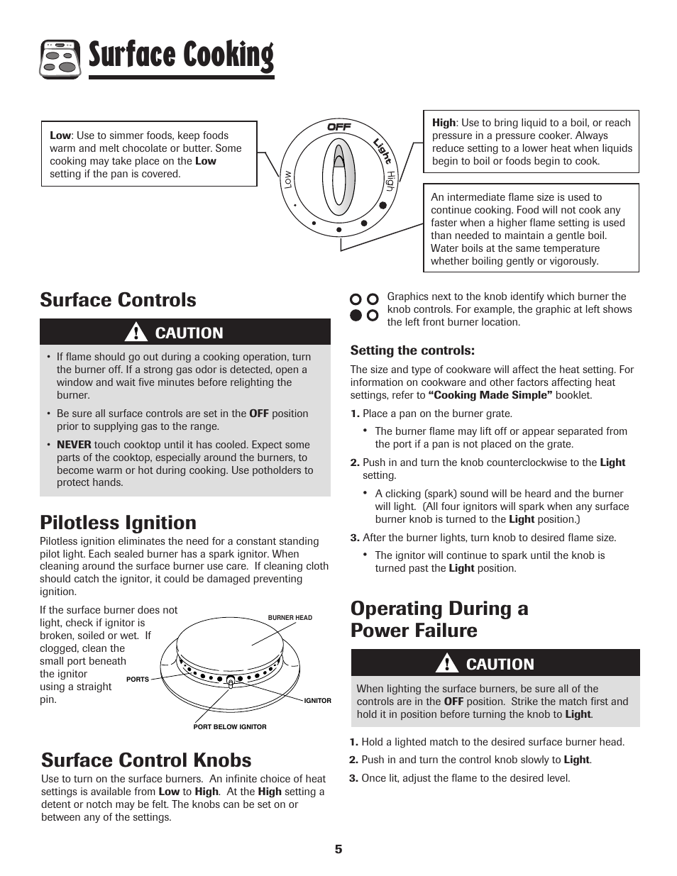 Surface cooking, Surface controls, Pilotless ignition | Caution | Amana 8113P515-60 User Manual | Page 6 / 88