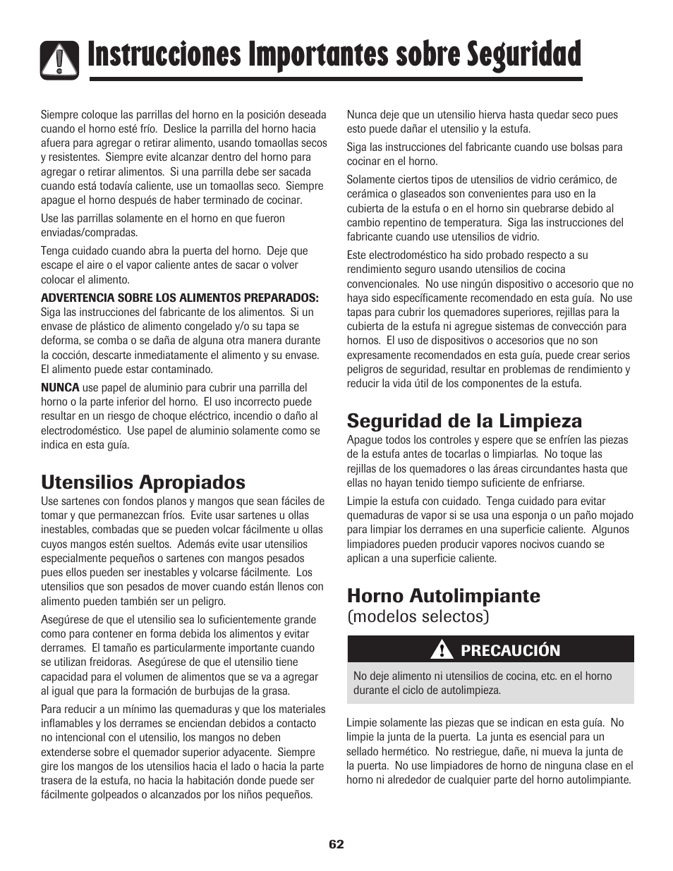 Instrucciones importantes sobre seguridad, Utensilios apropiados, Seguridad de la limpieza | Horno autolimpiante, Modelos selectos) | Amana 8113P515-60 User Manual | Page 63 / 88