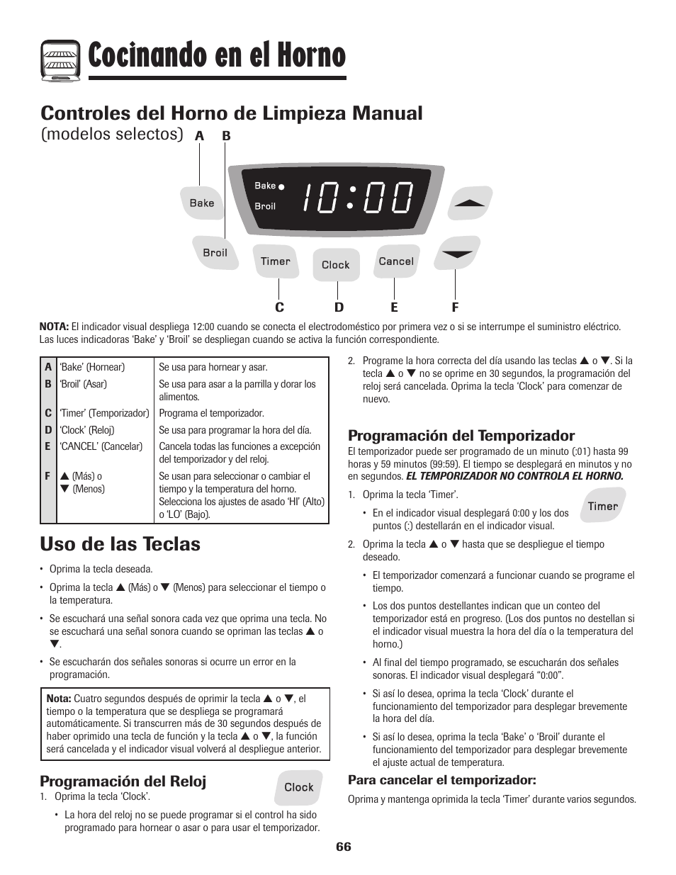 Cocinando en el horno, Controles del horno de limpieza manual, Uso de las teclas | Modelos selectos), Programación del reloj, Programación del temporizador | Amana 8113P515-60 User Manual | Page 67 / 88