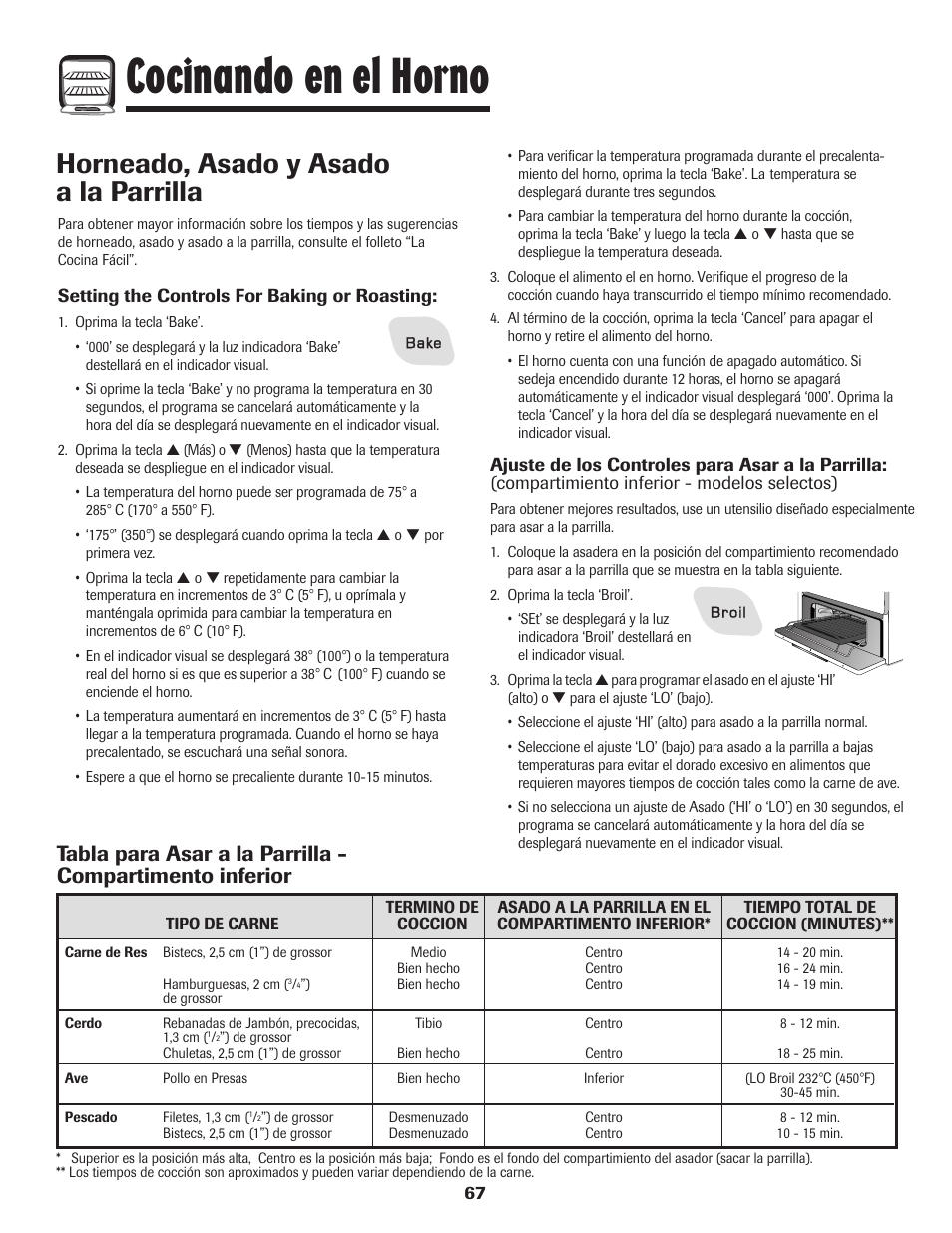 Cocinando en el horno, Horneado, asado y asado a la parrilla | Amana 8113P515-60 User Manual | Page 68 / 88