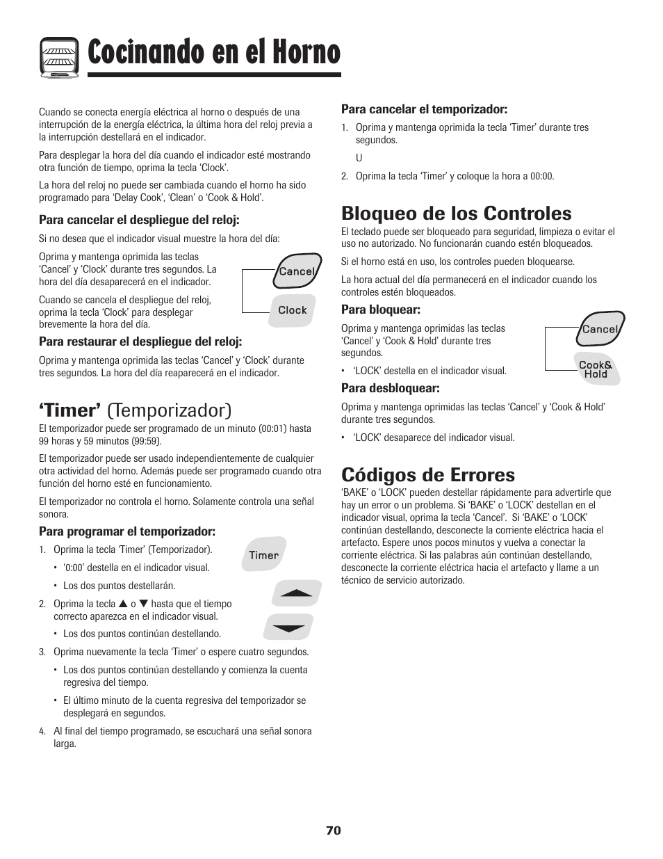 Cocinando en el horno, Timer’ (temporizador), Bloqueo de los controles | Códigos de errores | Amana 8113P515-60 User Manual | Page 71 / 88