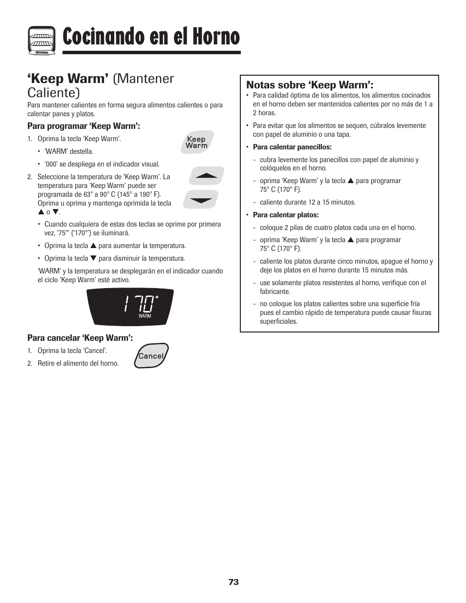 Cocinando en el horno, Keep warm’ (mantener caliente), Notas sobre ‘keep warm | Amana 8113P515-60 User Manual | Page 74 / 88