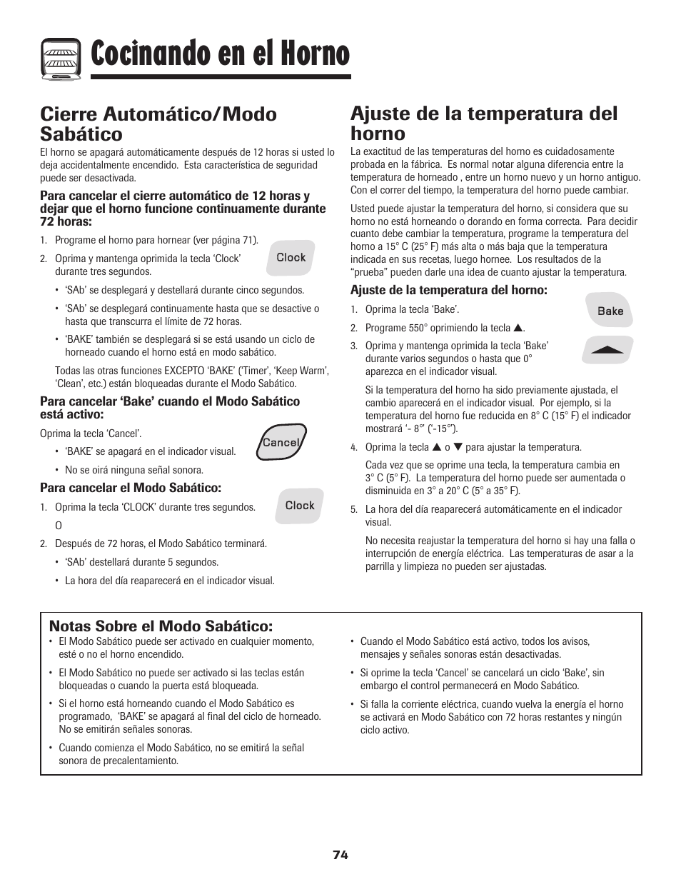 Cocinando en el horno, Cierre automático/modo sabático, Ajuste de la temperatura del horno | Notas sobre el modo sabático | Amana 8113P515-60 User Manual | Page 75 / 88