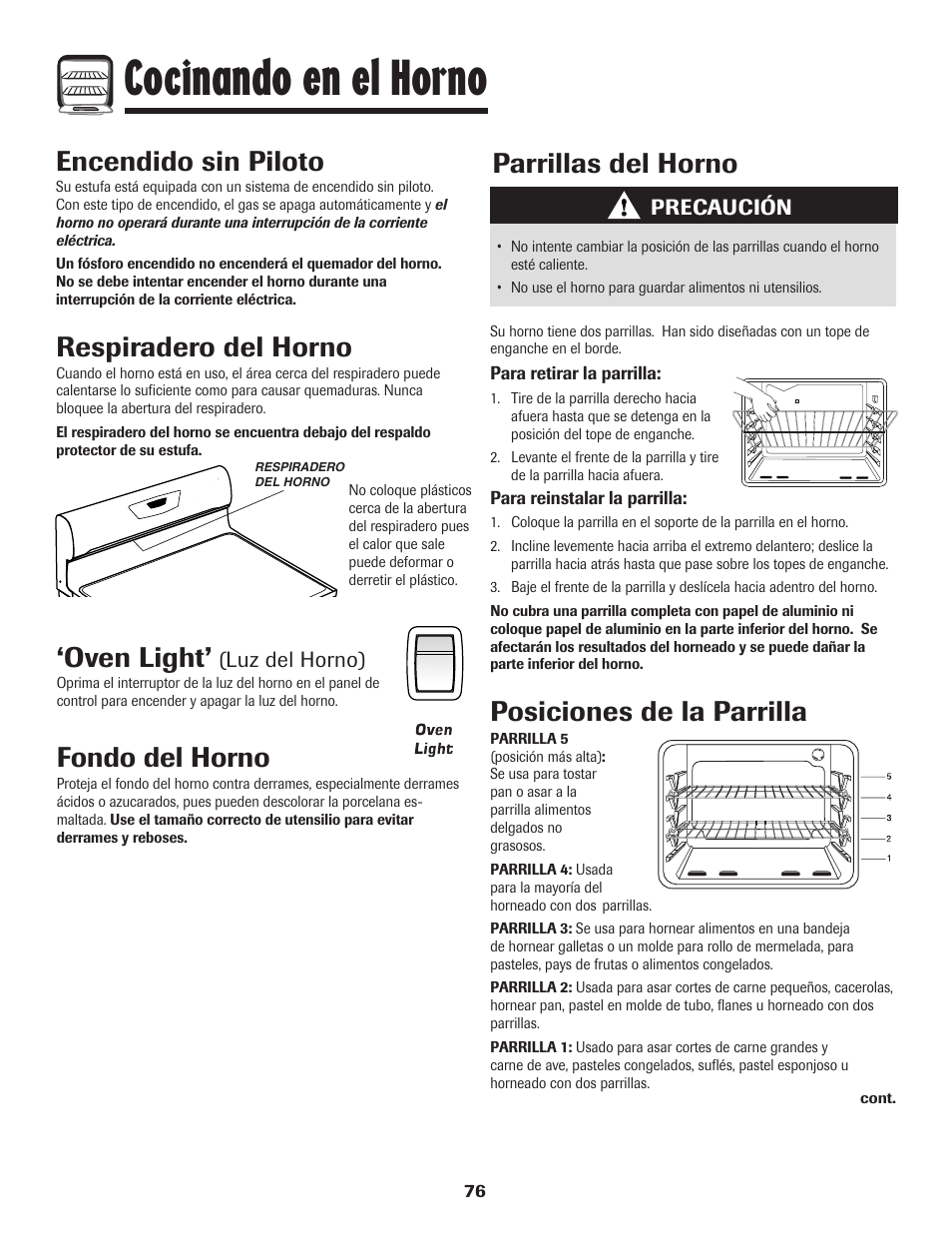Cocinando en el horno, Oven light, Fondo del horno | Respiradero del horno, Encendido sin piloto, Parrillas del horno, Posiciones de la parrilla | Amana 8113P515-60 User Manual | Page 77 / 88