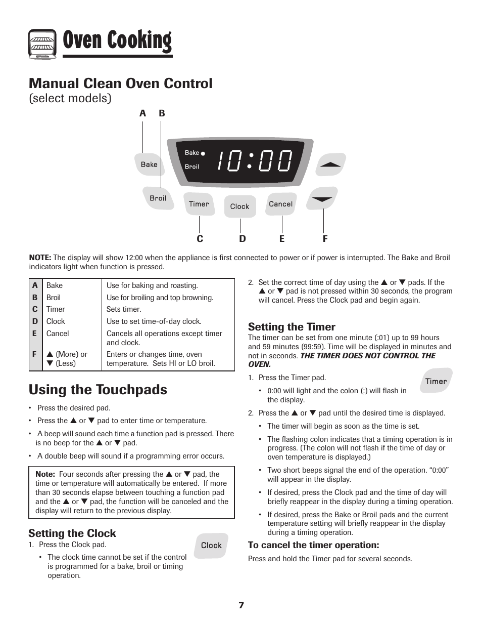 Oven cooking, Manual clean oven control, Using the touchpads | Select models), Setting the clock, Setting the timer | Amana 8113P515-60 User Manual | Page 8 / 88