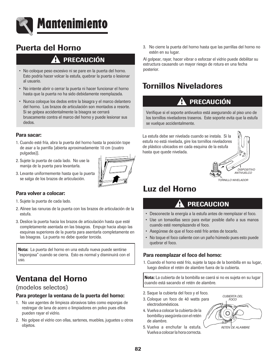 Mantenimiento, Ventana del horno, Tornillos niveladores | Puerta del horno, Luz del horno, Modelos selectos), Precaución, Precaucion | Amana 8113P515-60 User Manual | Page 83 / 88