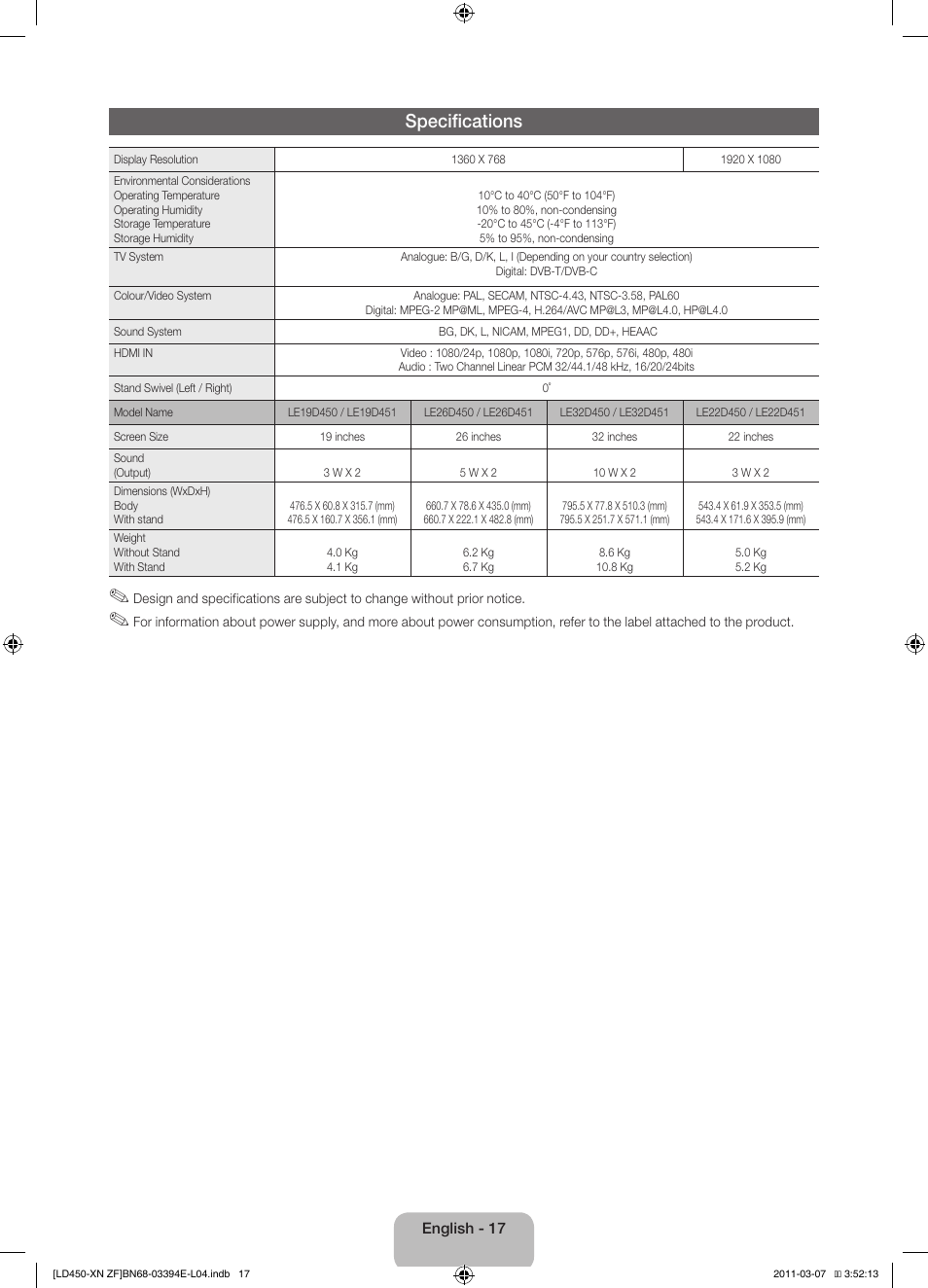 Specifications | Samsung LE32D450G1W User Manual | Page 17 / 65