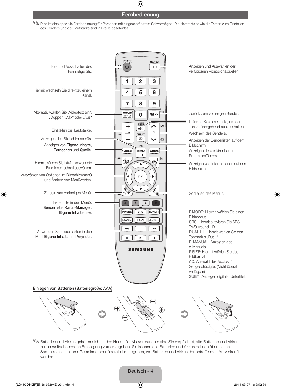 Fernbedienung | Samsung LE32D450G1W User Manual | Page 36 / 65