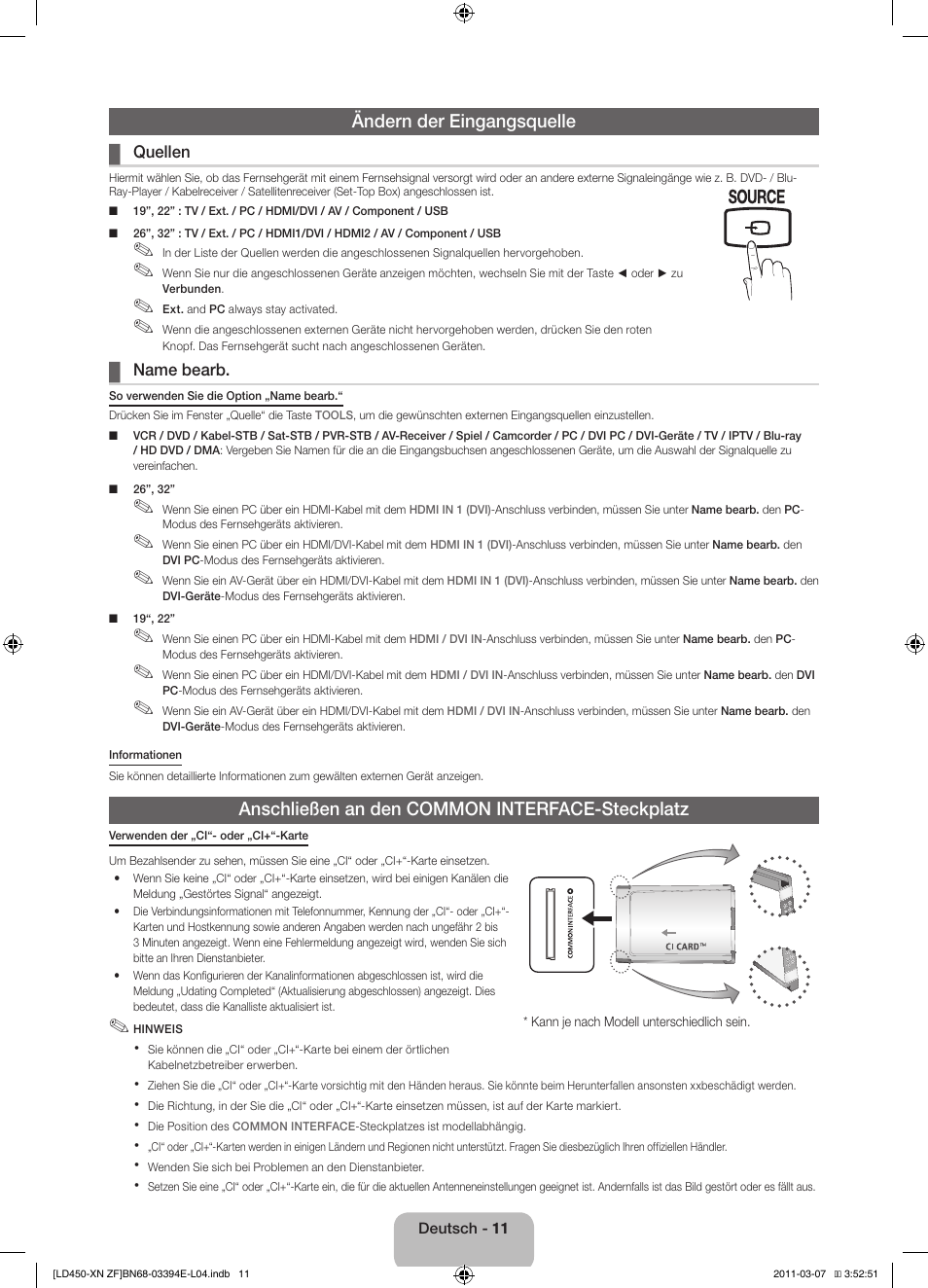 Ändern der eingangsquelle, Anschließen an den common interface-steckplatz | Samsung LE32D450G1W User Manual | Page 43 / 65