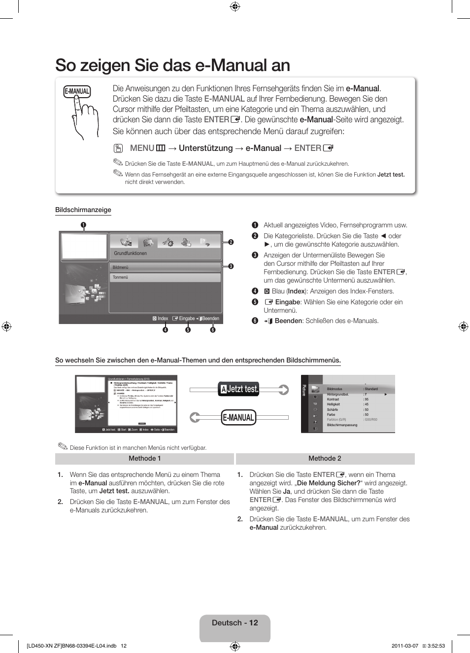 So zeigen sie das e-manual an, Ajetzt test, E-manual | Menu m → unterstützung → e-manual → enter e | Samsung LE32D450G1W User Manual | Page 44 / 65