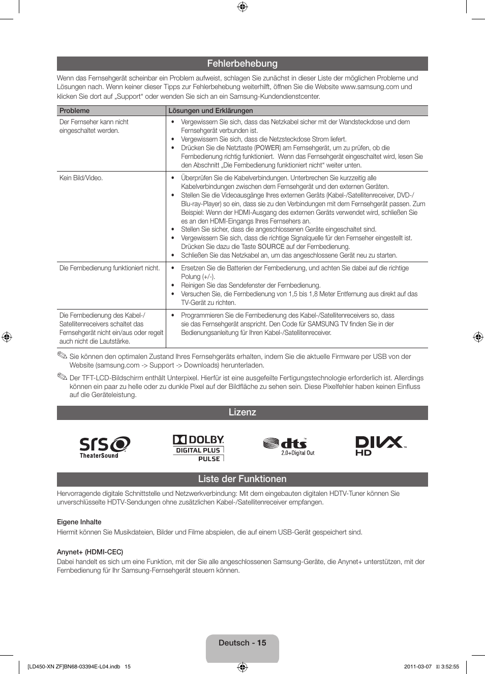 Fehlerbehebung, Lizenz liste der funktionen | Samsung LE32D450G1W User Manual | Page 47 / 65