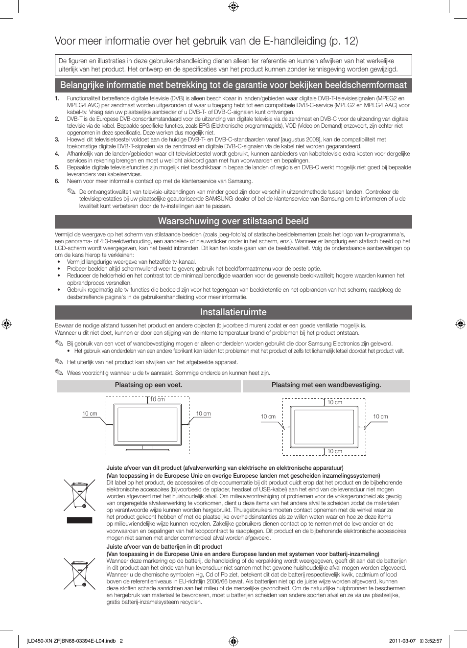 Waarschuwing over stilstaand beeld, Installatieruimte | Samsung LE32D450G1W User Manual | Page 50 / 65