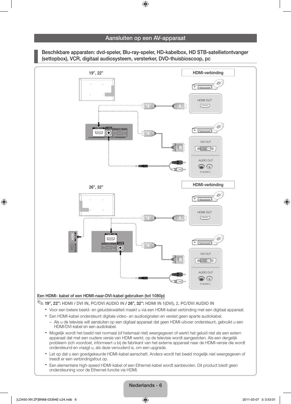 Aansluiten op een av-apparaat | Samsung LE32D450G1W User Manual | Page 54 / 65