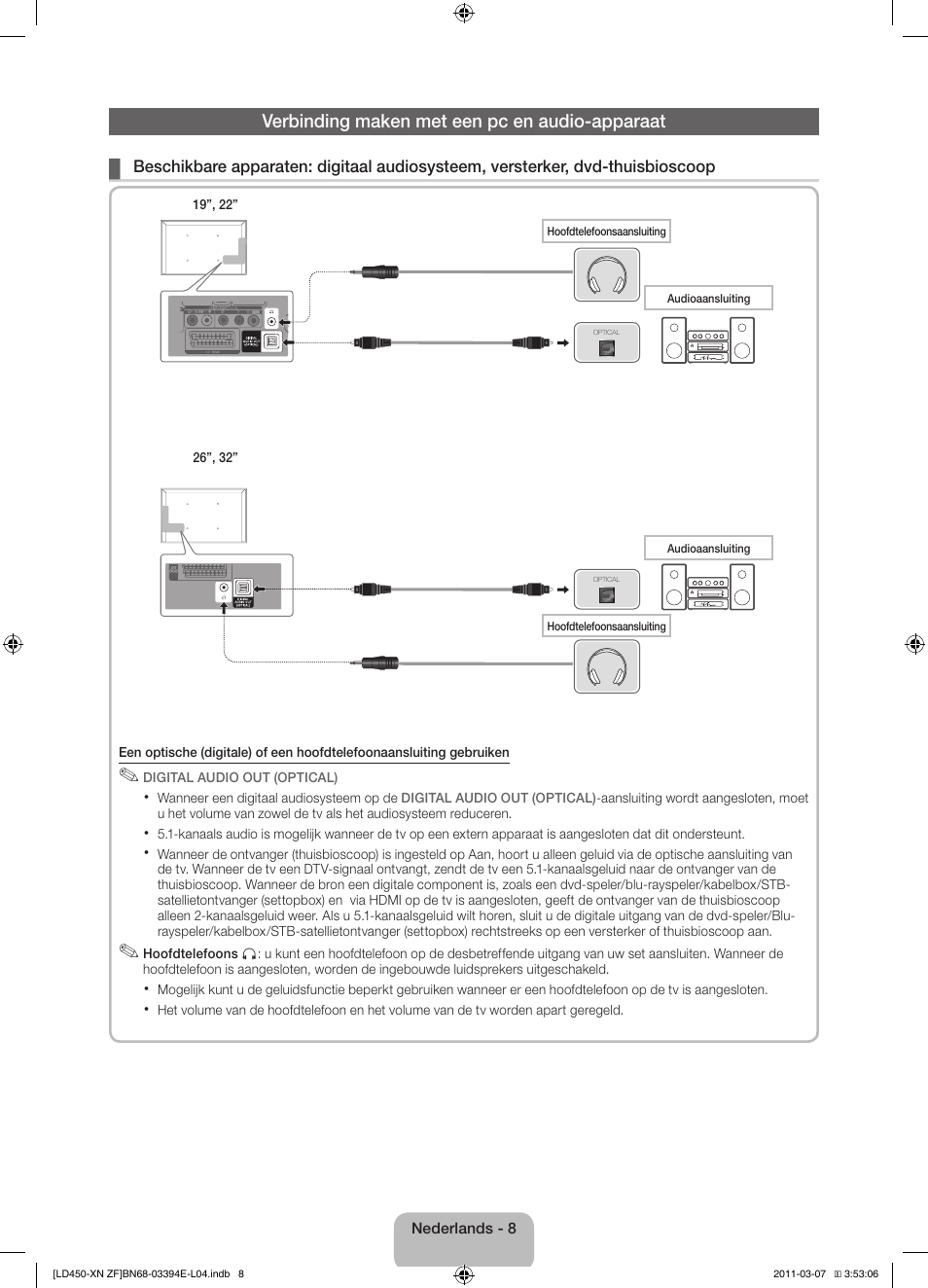 Verbinding maken met een pc en audio-apparaat | Samsung LE32D450G1W User Manual | Page 56 / 65