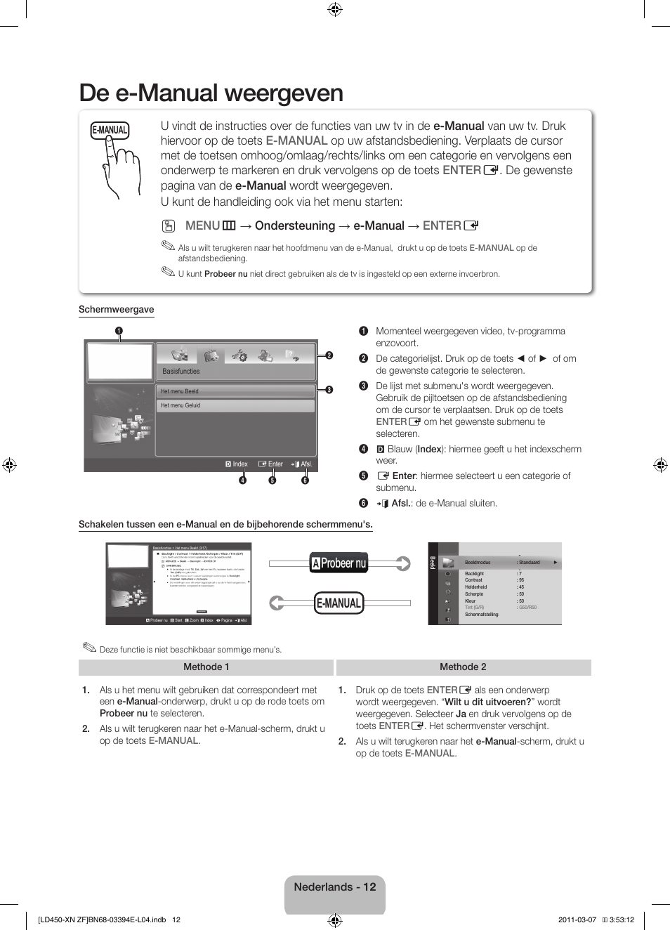 De e-manual weergeven, Aprobeer nu, E-manual | Menu m → ondersteuning → e-manual → enter e | Samsung LE32D450G1W User Manual | Page 60 / 65