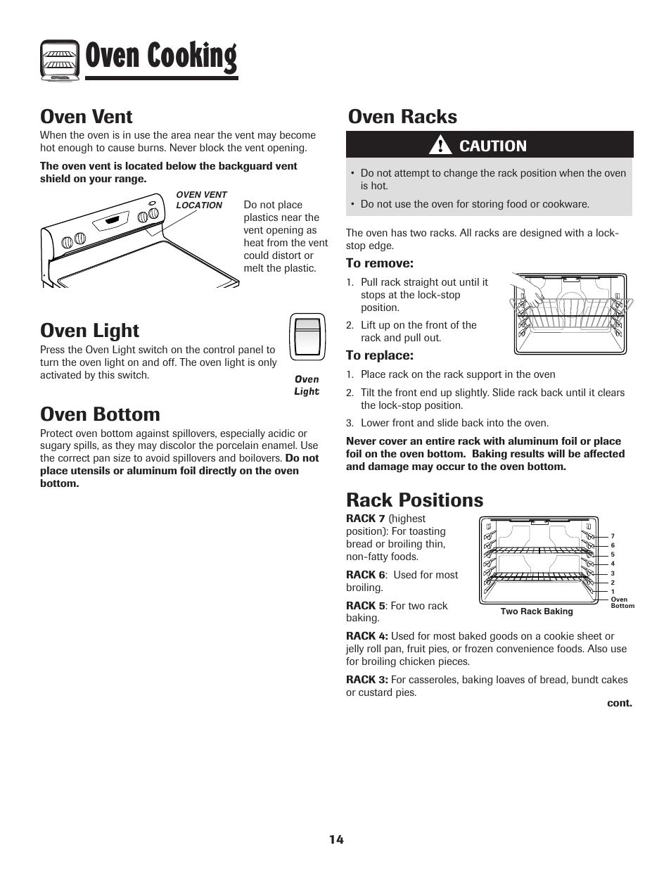 Oven cooking, Oven light, Oven bottom | Oven vent, Oven racks, Rack positions, Caution | Amana EASY TOUCH CONTROL 500 User Manual | Page 15 / 72