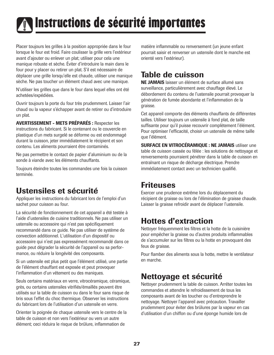 Instructions de sécurité importantes, Ustensiles et sécurité, Table de cuisson | Friteuses, Hottes d’extraction, Nettoyage et sécurité | Amana EASY TOUCH CONTROL 500 User Manual | Page 28 / 72