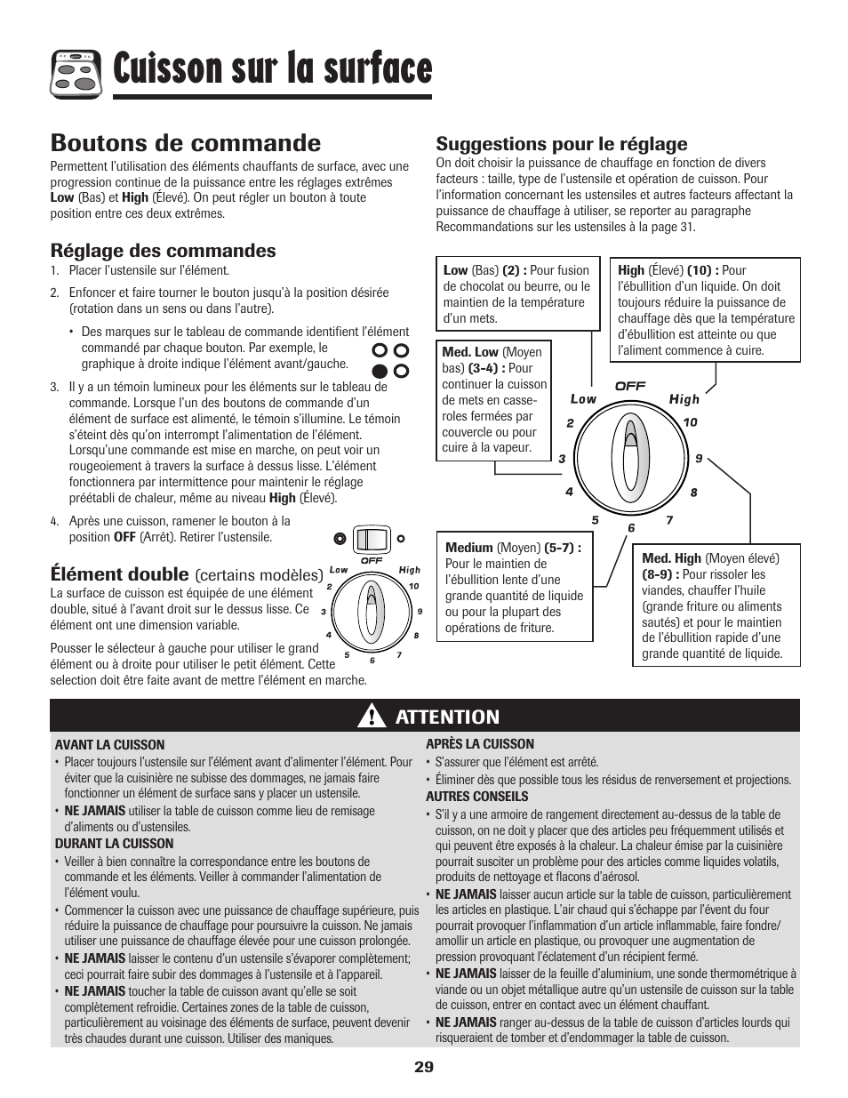 Cuisson sur la surface, Boutons de commande, Réglage des commandes | Élément double, Attention suggestions pour le réglage | Amana EASY TOUCH CONTROL 500 User Manual | Page 30 / 72