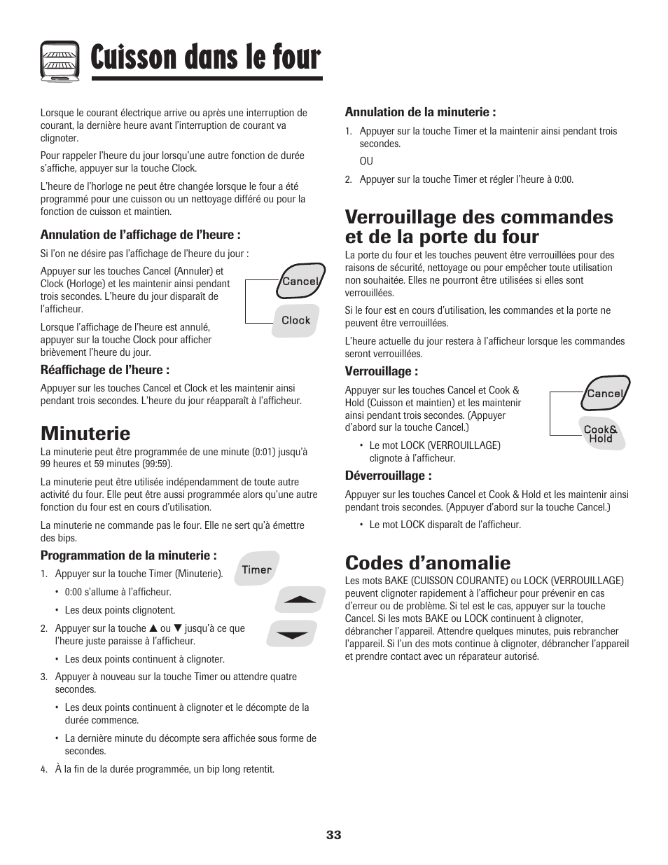 Cuisson dans le four, Minuterie, Verrouillage des commandes et de la porte du four | Codes d’anomalie | Amana EASY TOUCH CONTROL 500 User Manual | Page 34 / 72