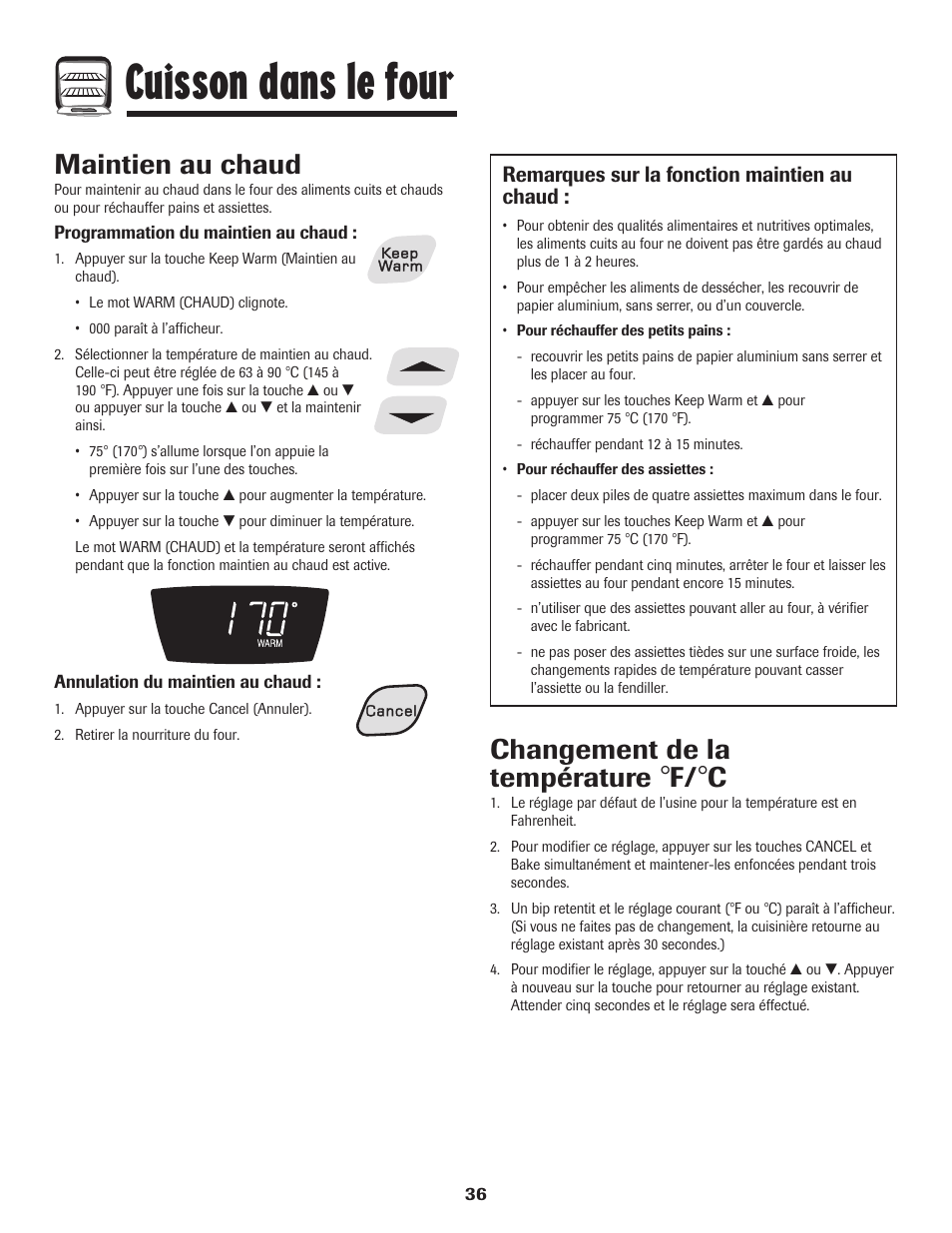 Cuisson dans le four, Maintien au chaud, Changement de la température | Remarques sur la fonction maintien au chaud | Amana EASY TOUCH CONTROL 500 User Manual | Page 37 / 72