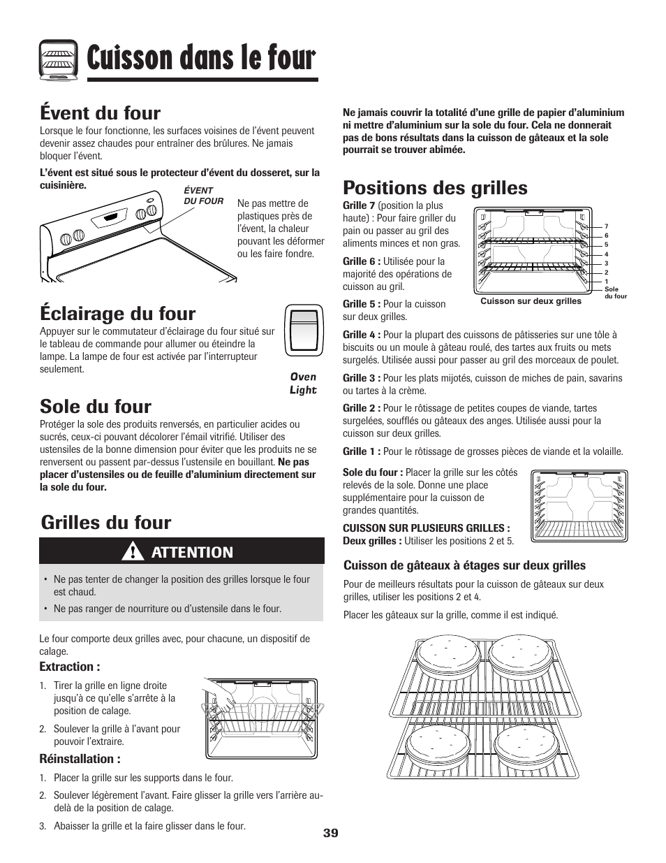Cuisson dans le four, Éclairage du four, Sole du four | Évent du four, Grilles du four, Positions des grilles, Attention | Amana EASY TOUCH CONTROL 500 User Manual | Page 40 / 72