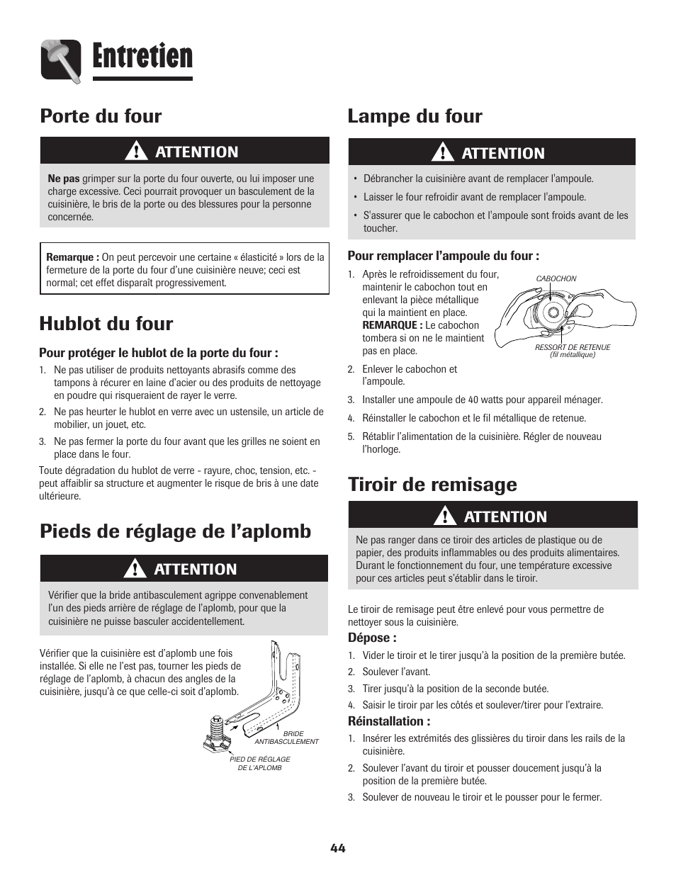Entretien, Porte du four, Hublot du four | Lampe du four, Pieds de réglage de l’aplomb, Tiroir de remisage, Attention | Amana EASY TOUCH CONTROL 500 User Manual | Page 45 / 72