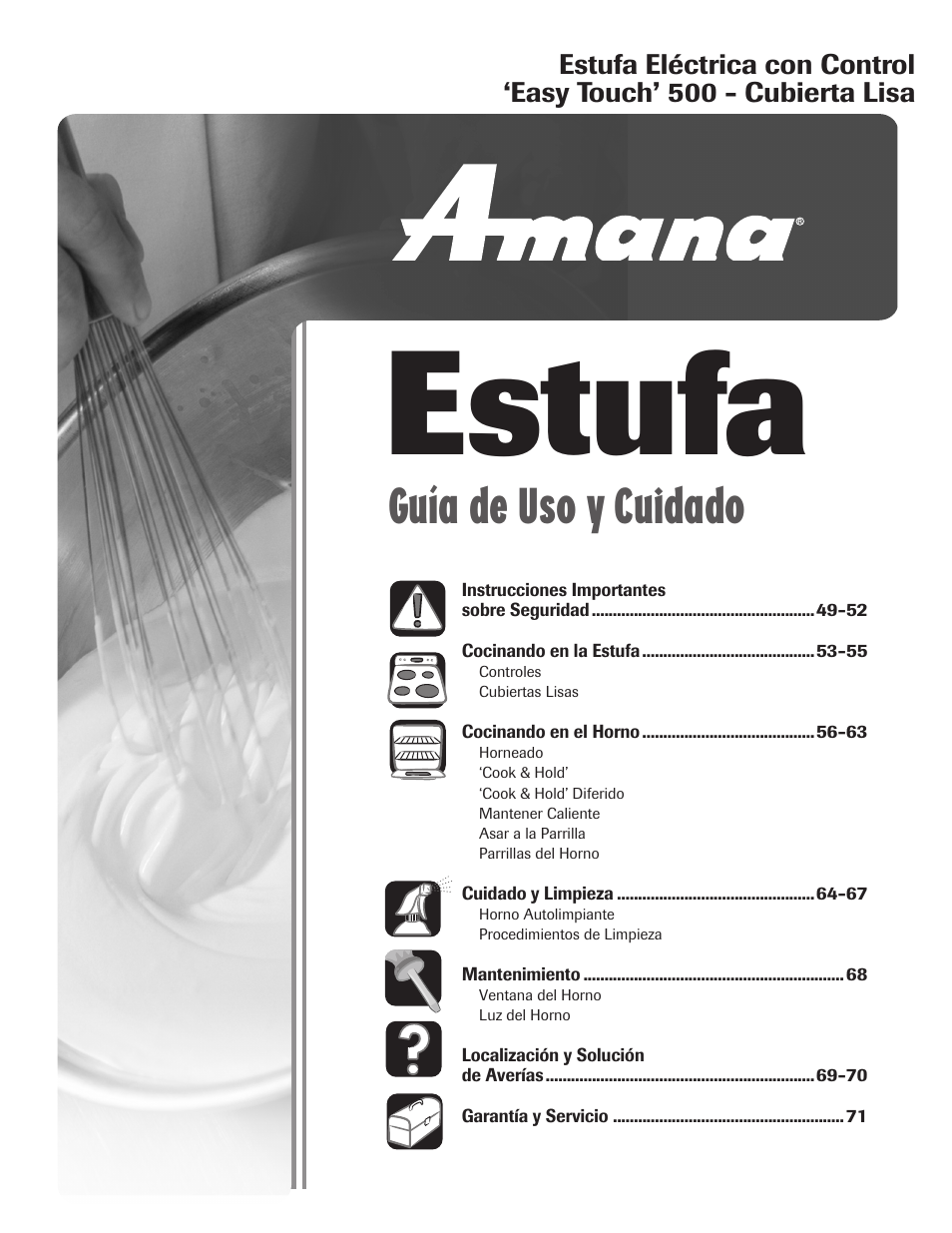 Estufa, Guía de uso y cuidado | Amana EASY TOUCH CONTROL 500 User Manual | Page 49 / 72